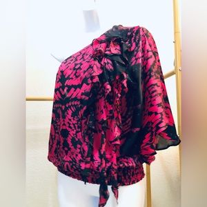 BEBE Fuchsia Pink/Black Silk Floral Print Ruffled One Shoulder Top!!!